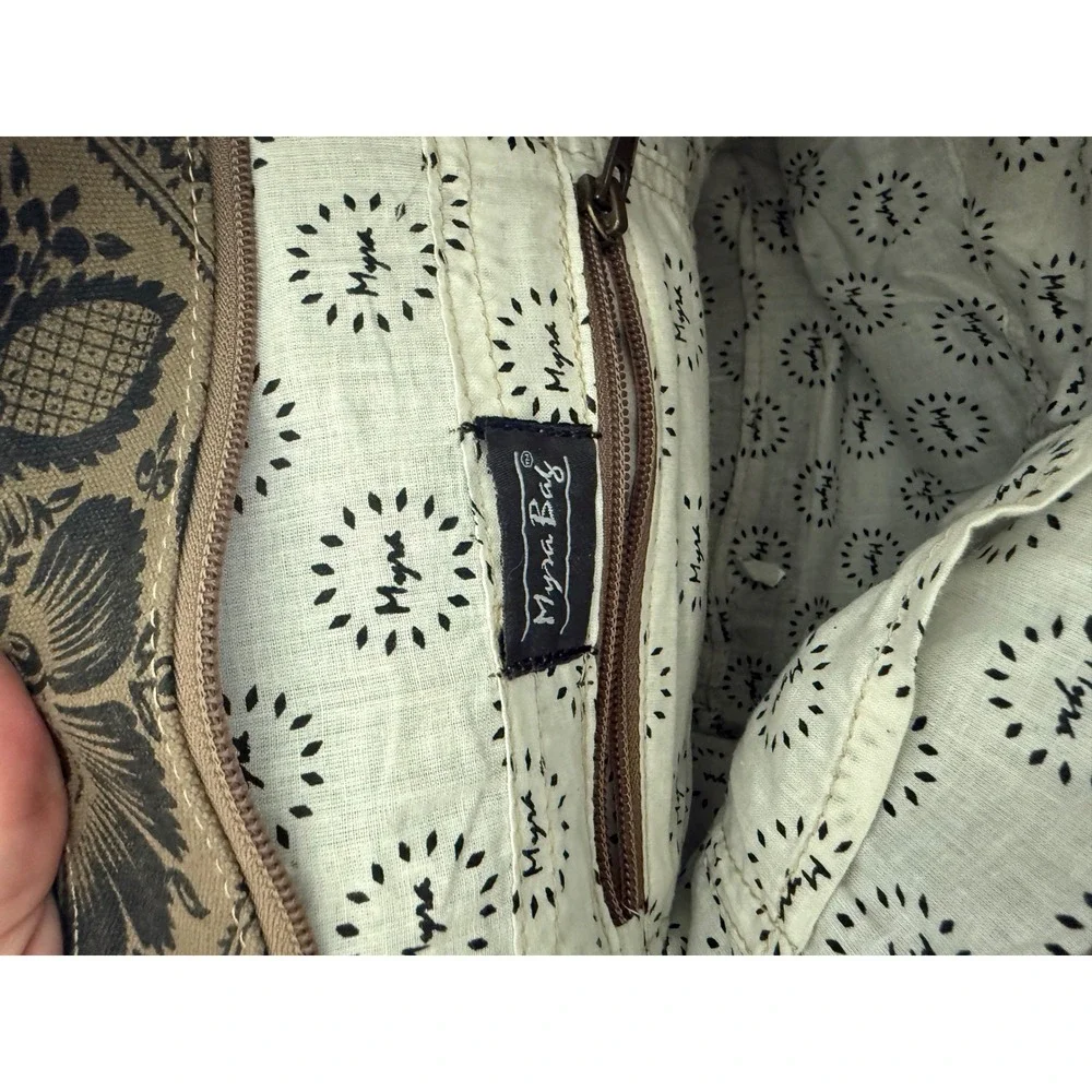 Myra Bag Canvas Damask Print Tote with Cowhide Leather Trim Western Shoulder Bag - Picture 5 of 6